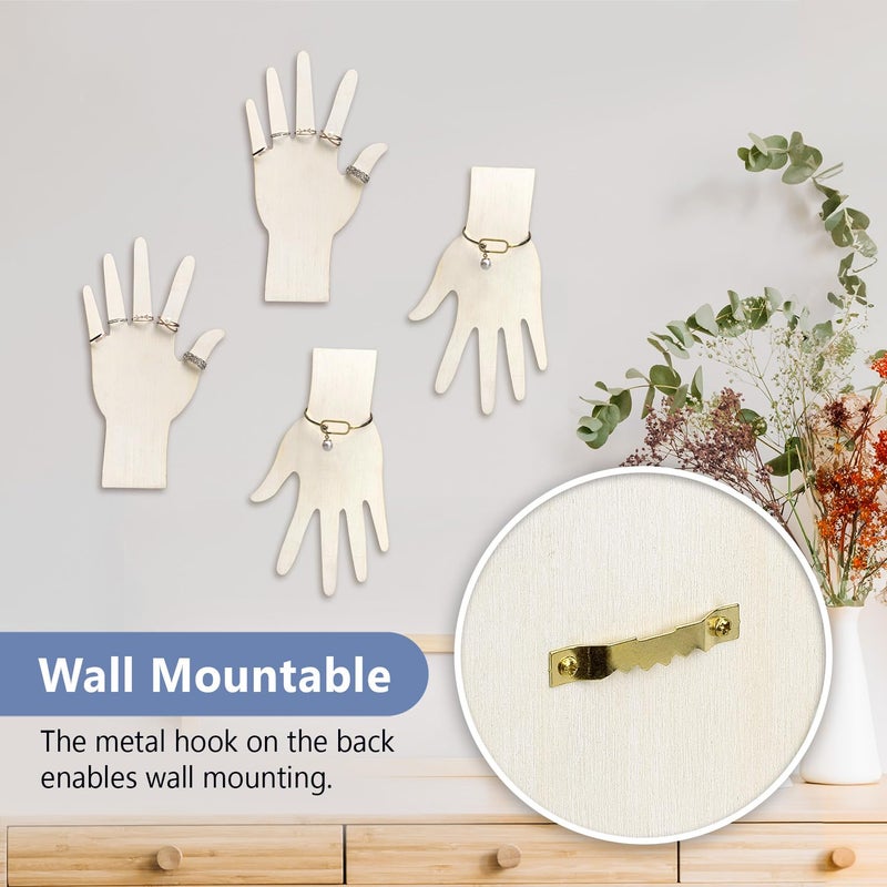 MOOCA 6 Pcs Real Wooden Hand Form Jewelry Display Set, 2 Way Design for Wall Hanging or Standalone Mannequin Finger Hand Display, Premium Real Wood Sturdy Base, Wash White Color - Image 4